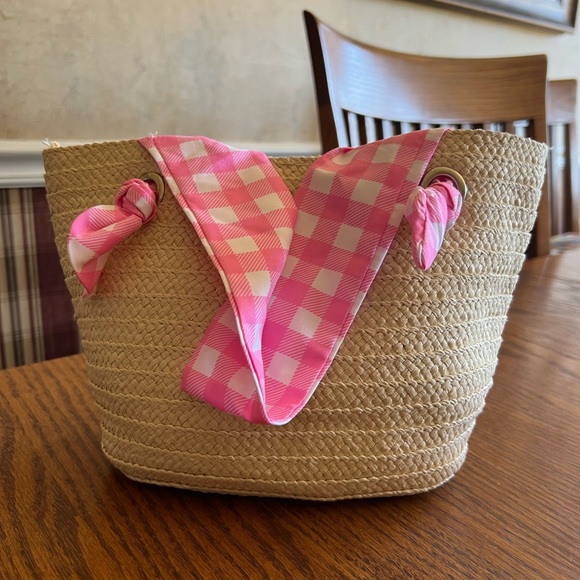 🐣Jessica Simpson Pink and Cream Woven mini tote Adult Easter Basket idea. NEW - Picture 2 of 13